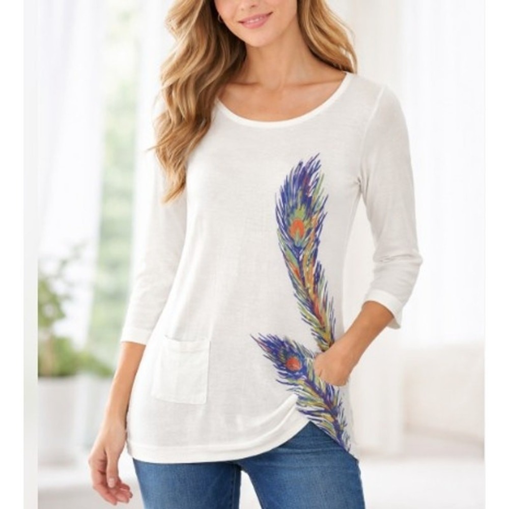 Monroe And Main Tunic Top Womens S Peacock Feather Print Pockets Boho Chic Artsy
